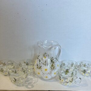 Elegant Daisy Glass Pitcher and Cup Set